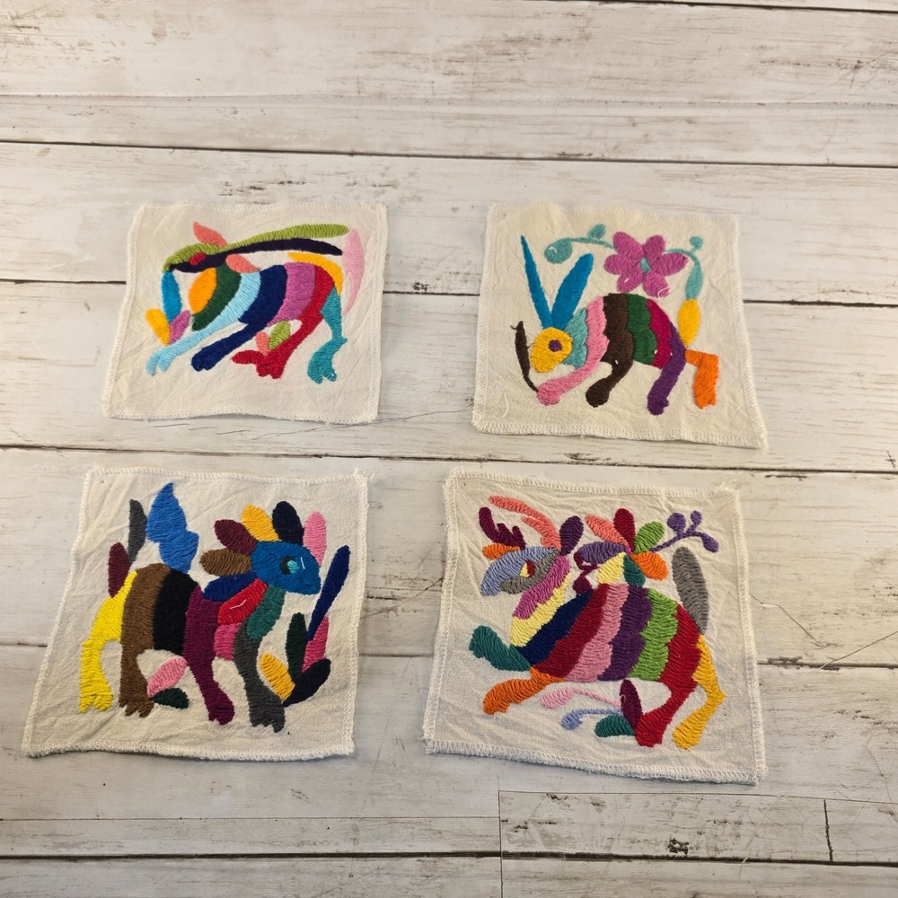 VTG Mexican Otomi Tenango Hand Embroidered Animal Coasters Multi Color 4.5 x 4.5